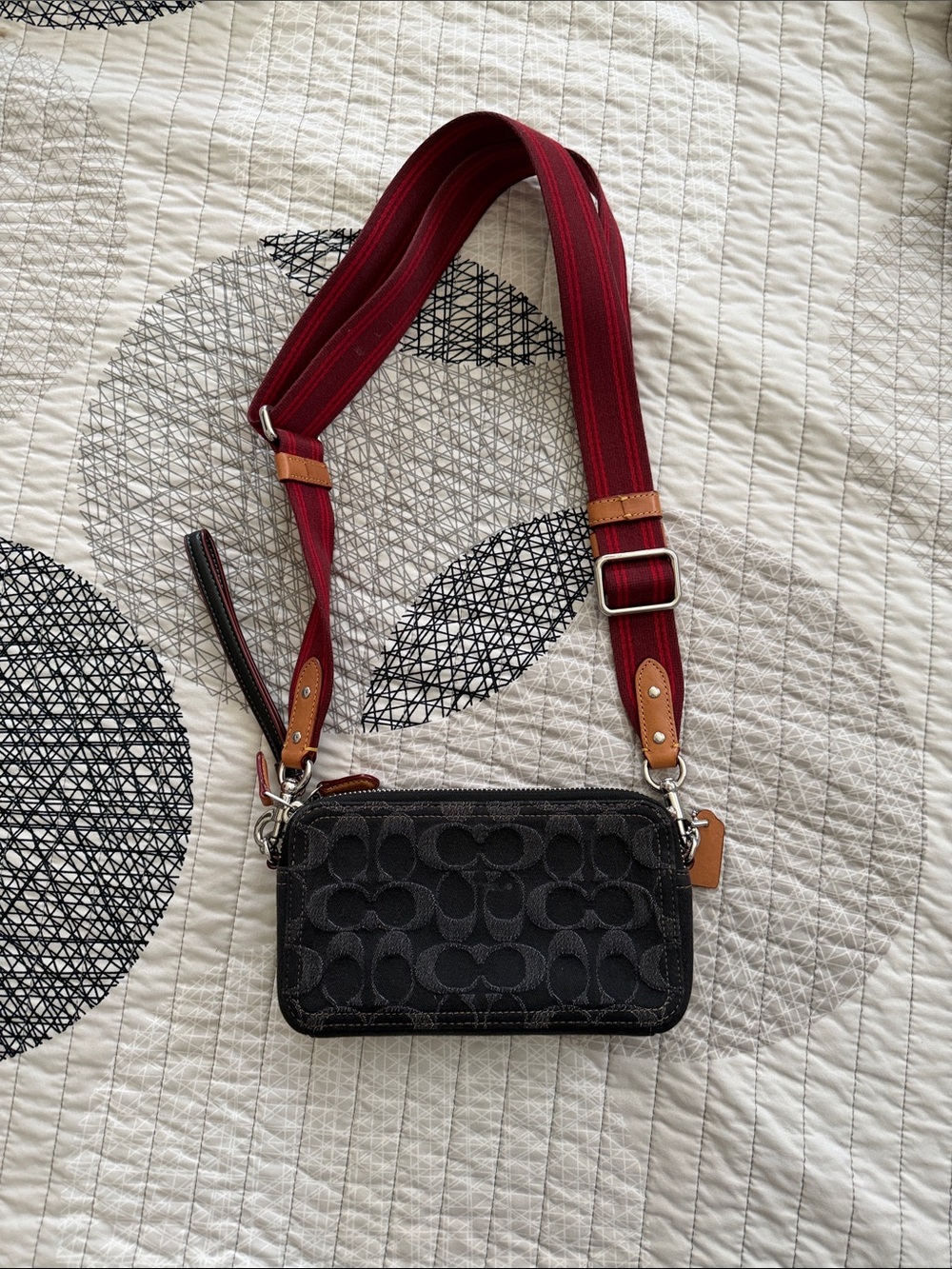 Coach Black Signature Crossbody with Deep Red Strap